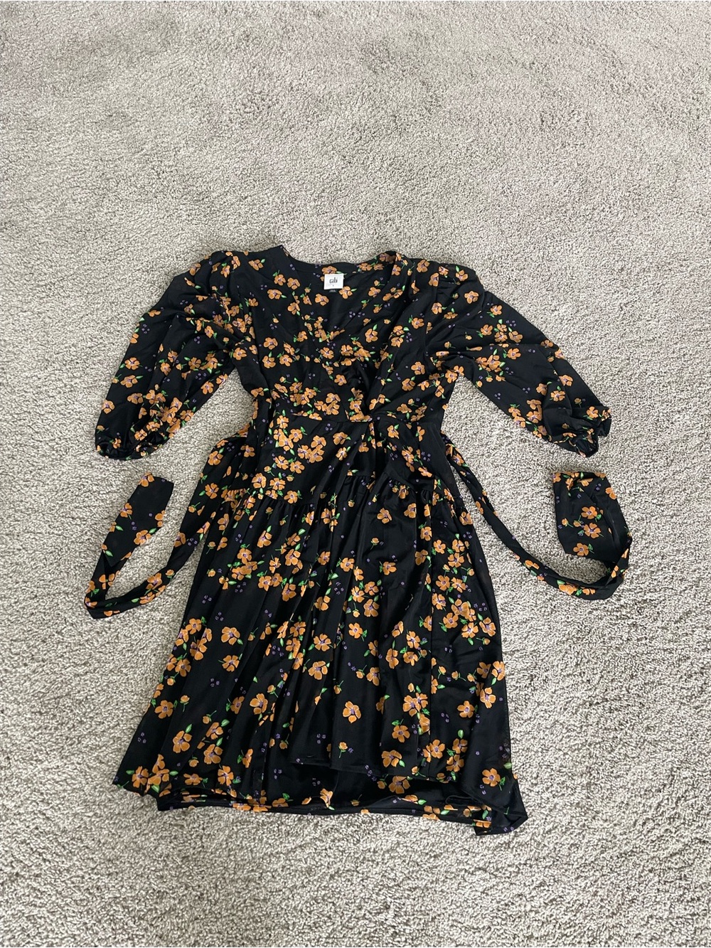 CAbi Black Floral Wrap Dress with Orange Blossoms